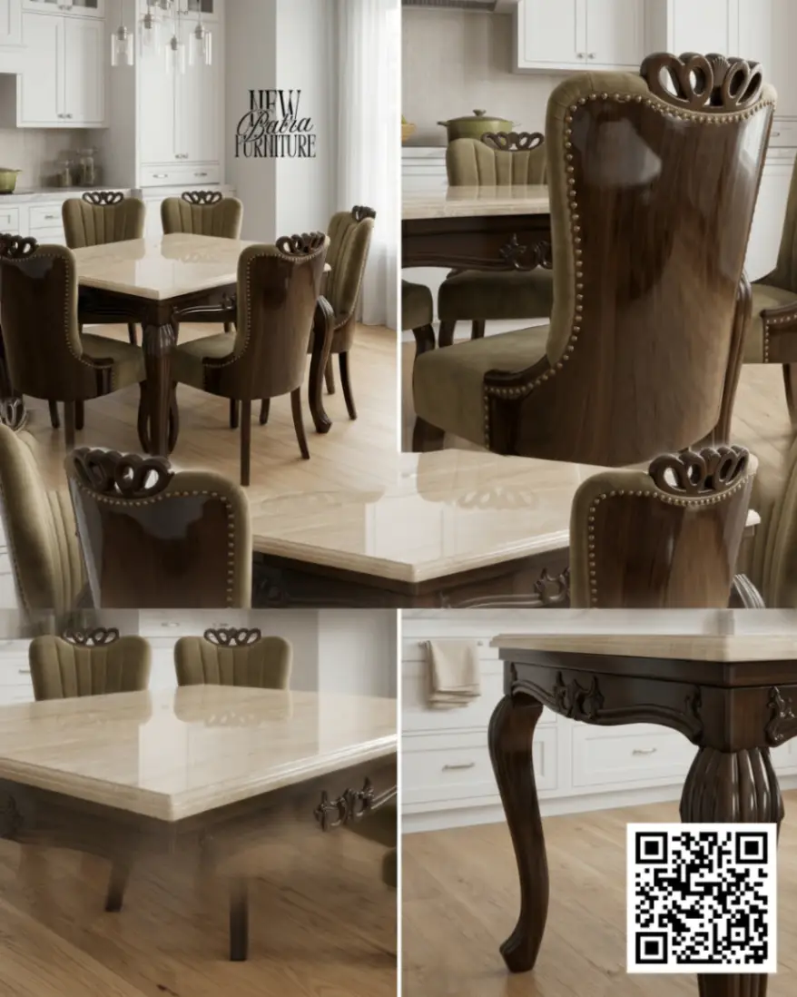 Marble Rectangular Beige 6 Seater Dining Set dark brown view 2