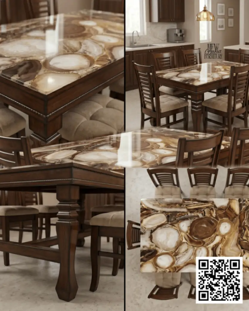 6 Seater Marble Top Wooden Dining Table view 2