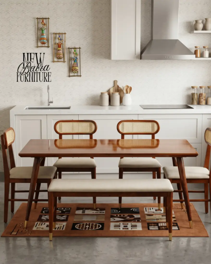 Boston Solid Wood Rattan Cane Dining Table Six Seater Set with Bench - Natural Finish