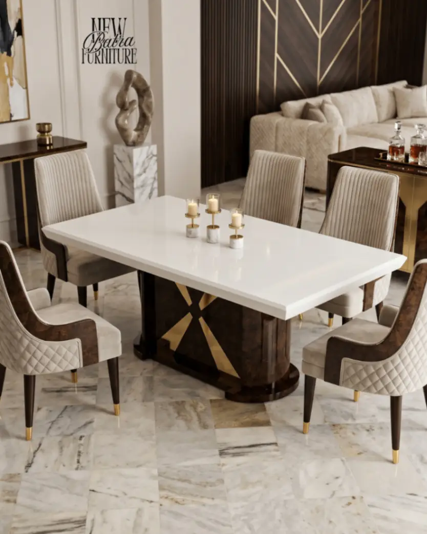 6 Seater Polyester Marble Dining with Teekwood