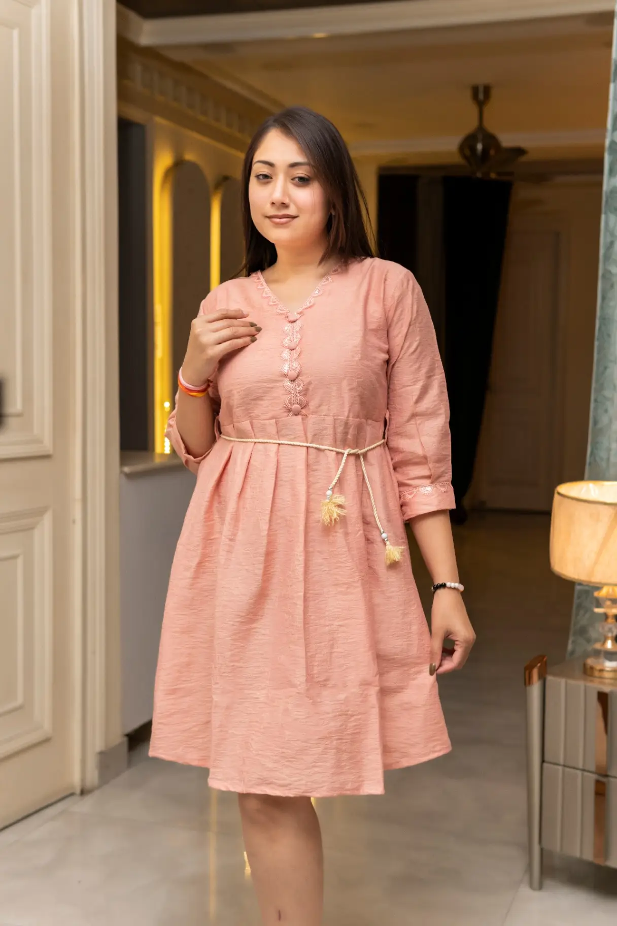 Women’s Peach Textured A-Line Midi Dress with Embroidered Neckline view 2