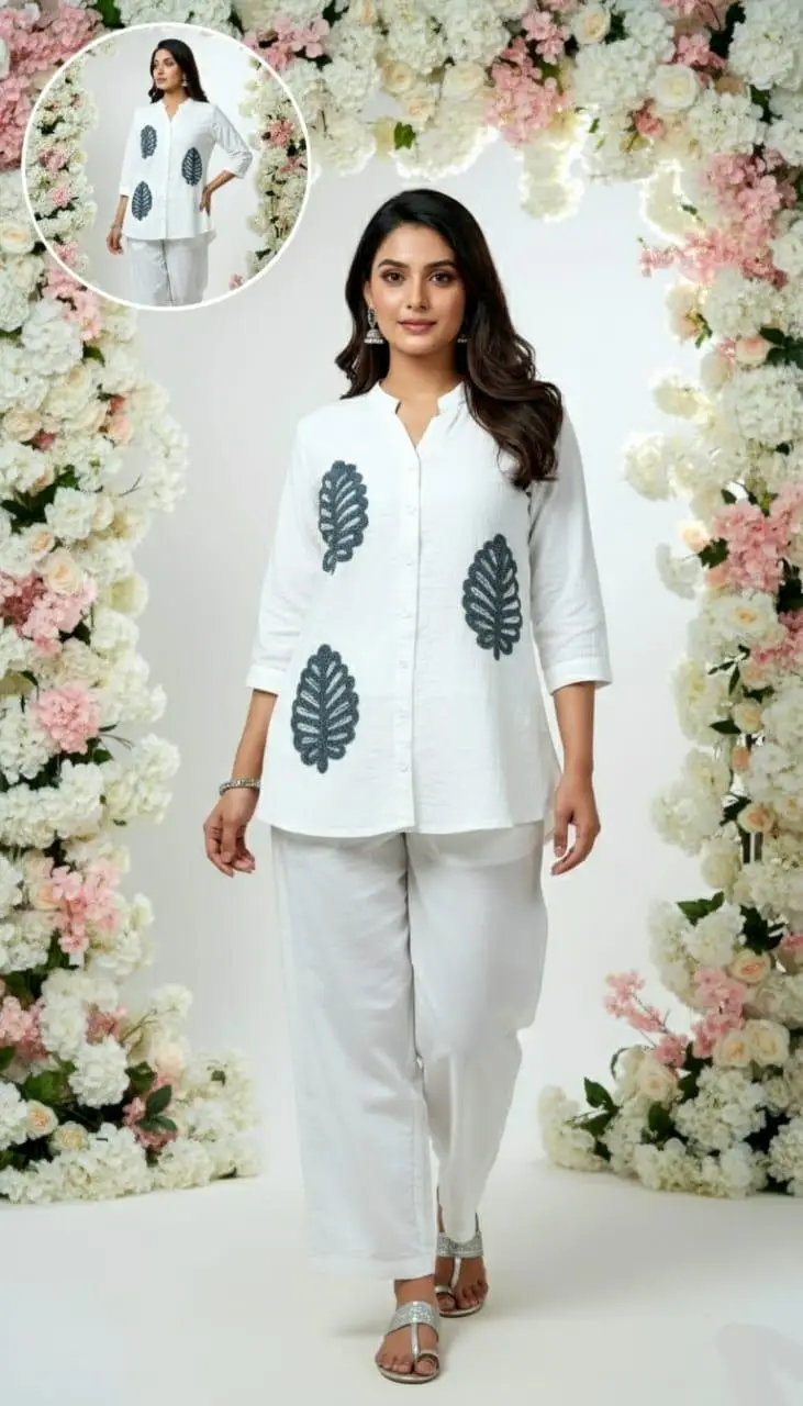 Girls Off-White Floral Embroidered Cotton Co-ord Set