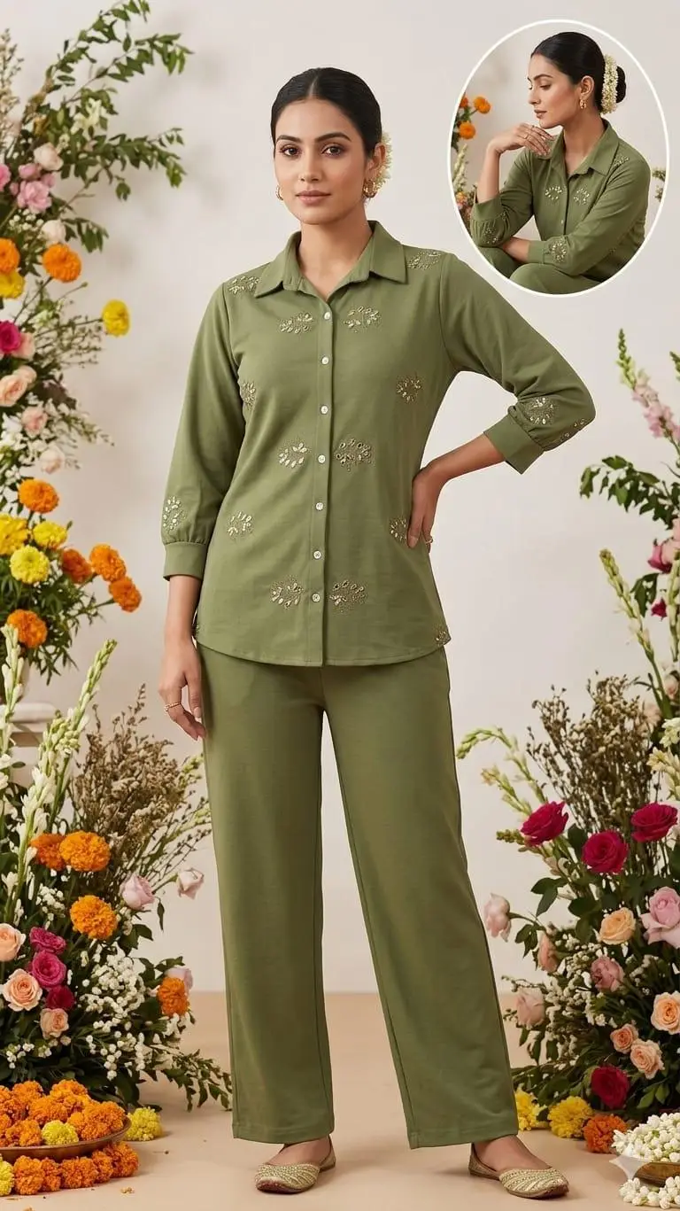Girls Olive Green Floral Embroidered Cotton-Blend Co-ord Set