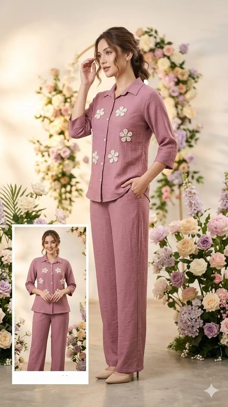 Mauve Blossom Embroidered Co-ord Set – Textured Shirt & Trousers