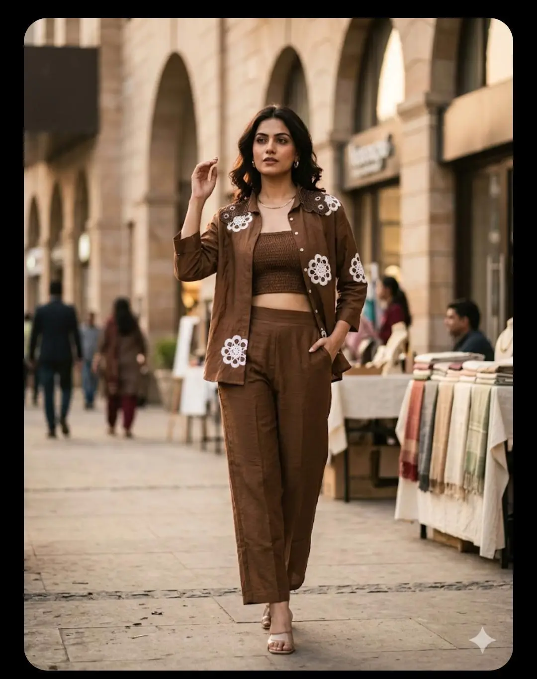 Espresso Bloom 3-Piece Co-ord Set – Embroidered Shirt, Crop Top & Tailored Trousers