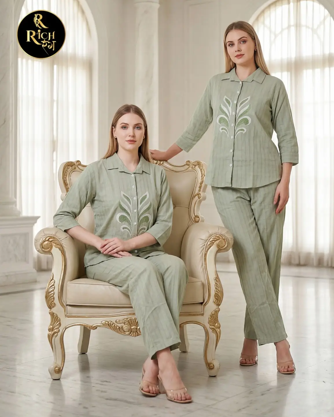 Sage Green Embroidered Co-ord Set – Textured Shirt & Trousers