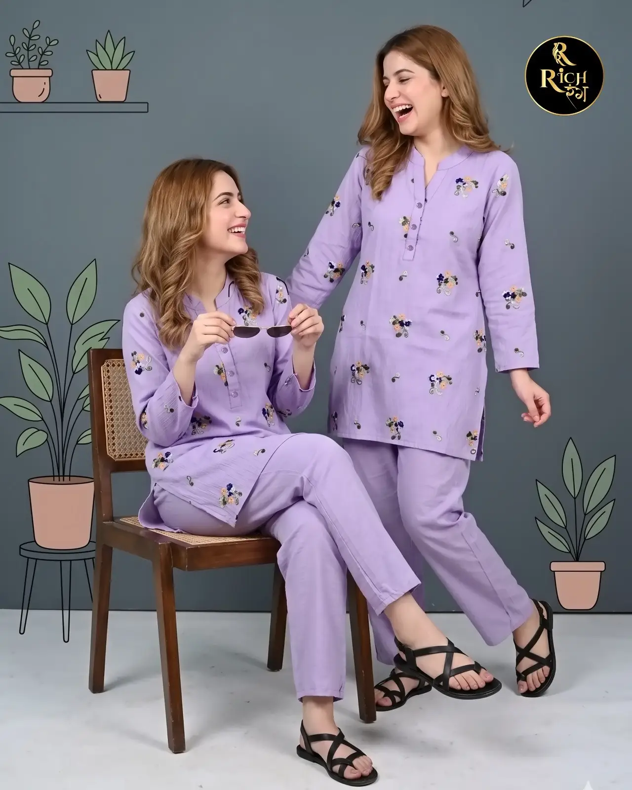 Lavender Co-ord Set – Embroidered Longline Tunic & Matching Trousers