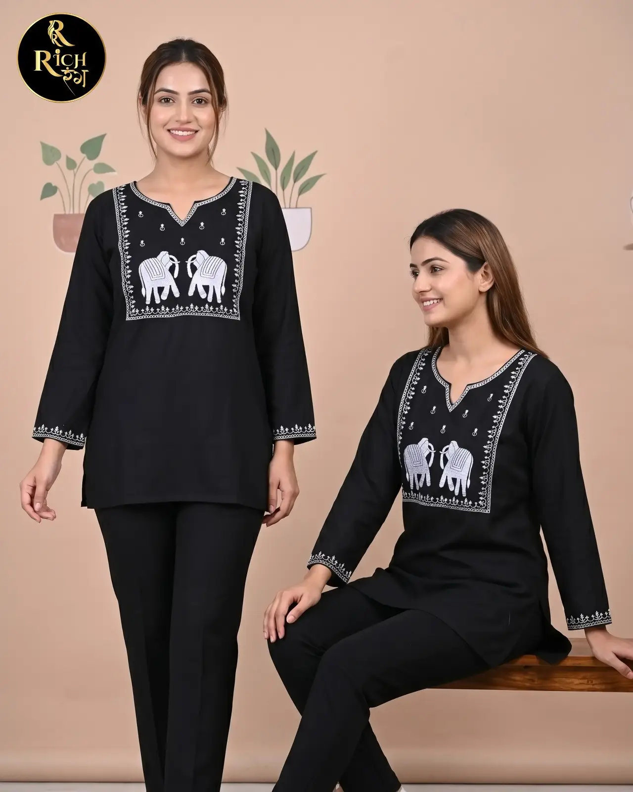 Midnight Black Cord-set with Royal Elephant Heritage Embroidery