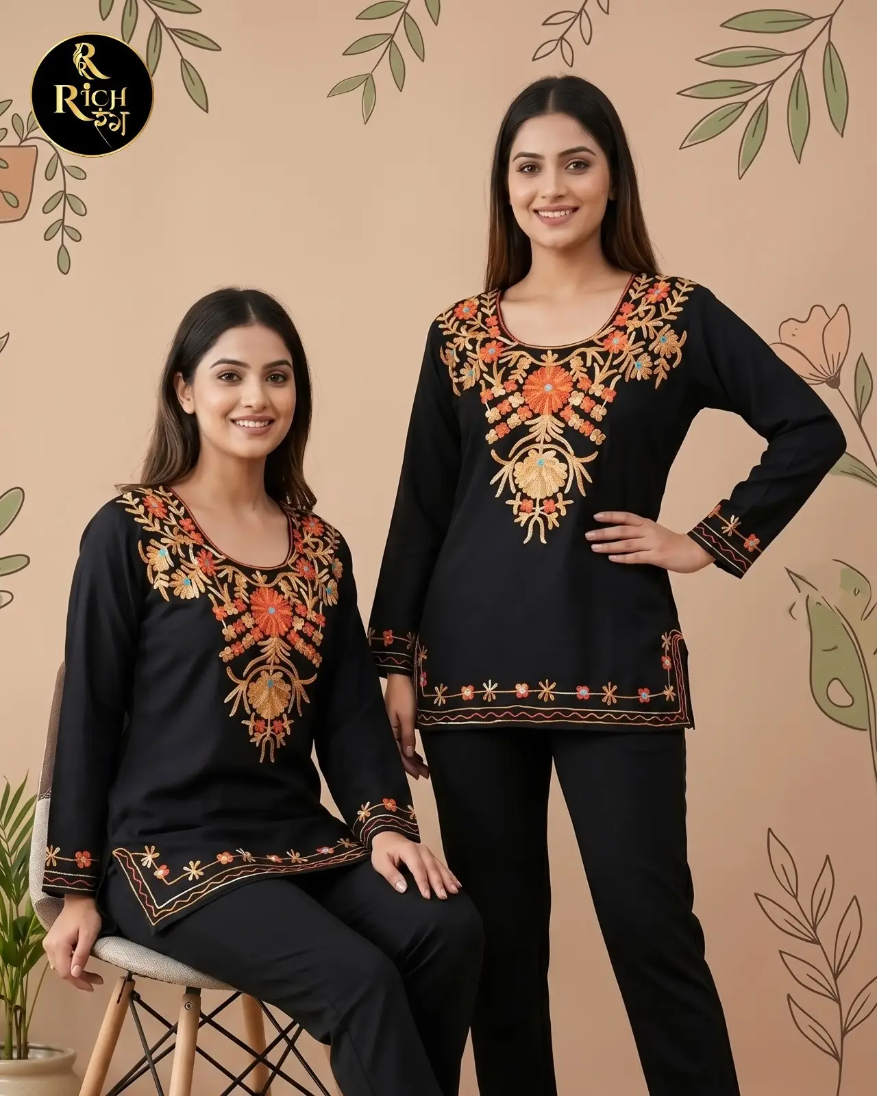 Midnight Black Co-ord Set – Kashmiri-Inspired Floral Embroidery