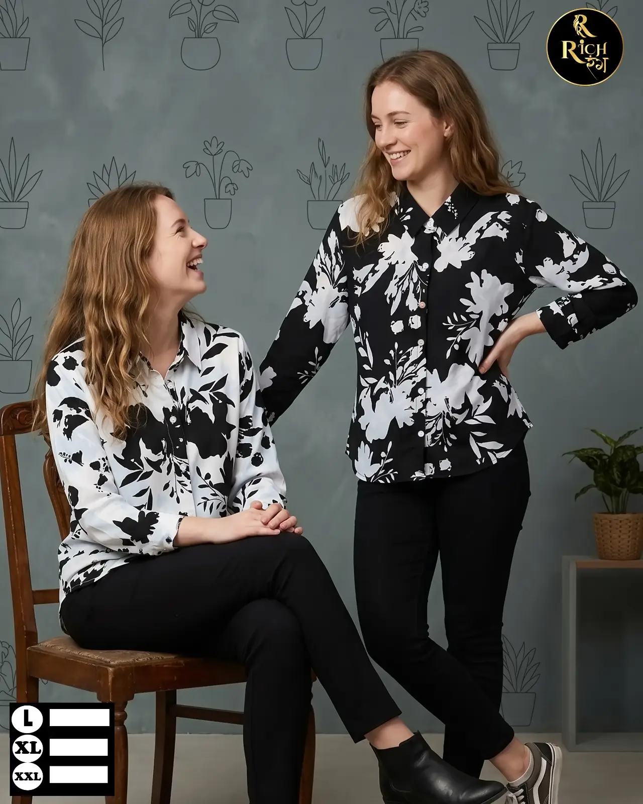 Monochrome Bold Floral Print Button-Down Shirt