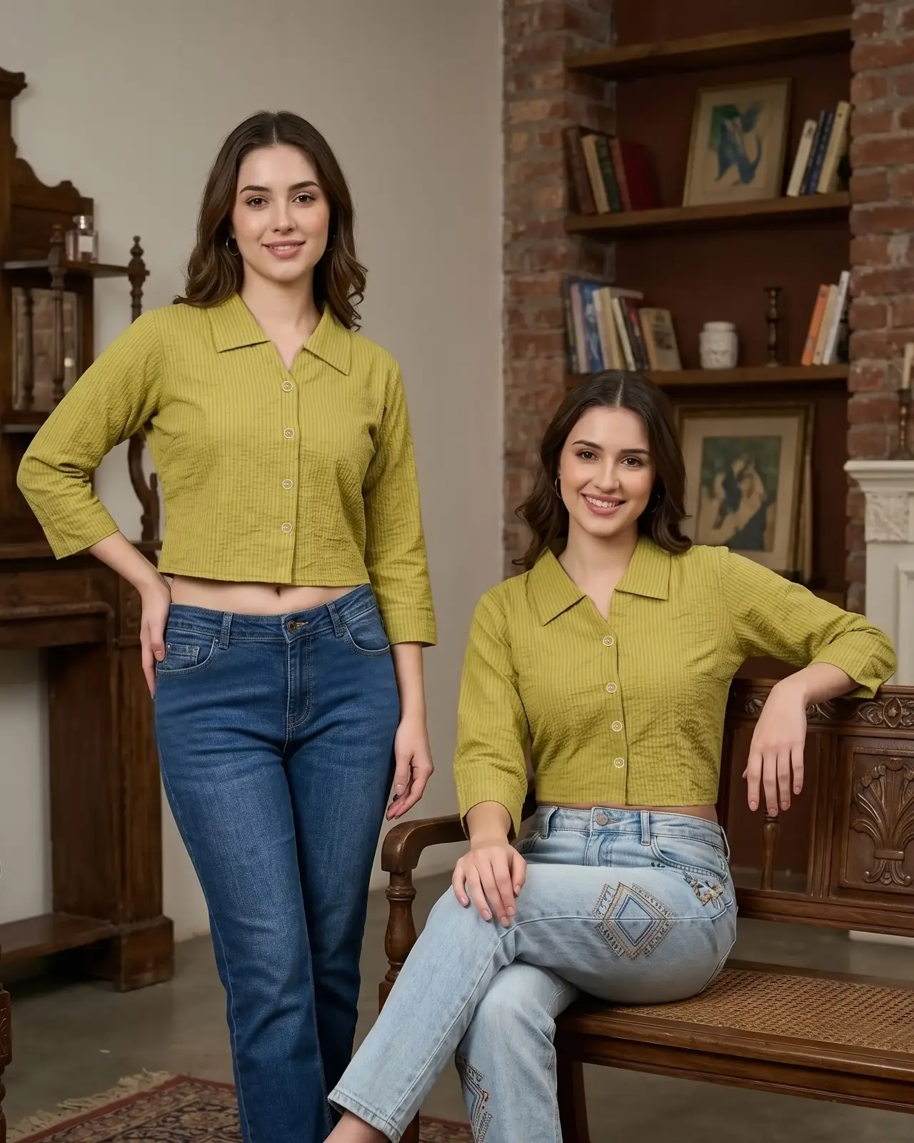Olive Green Textured Cropped Shirt with Spread Collar