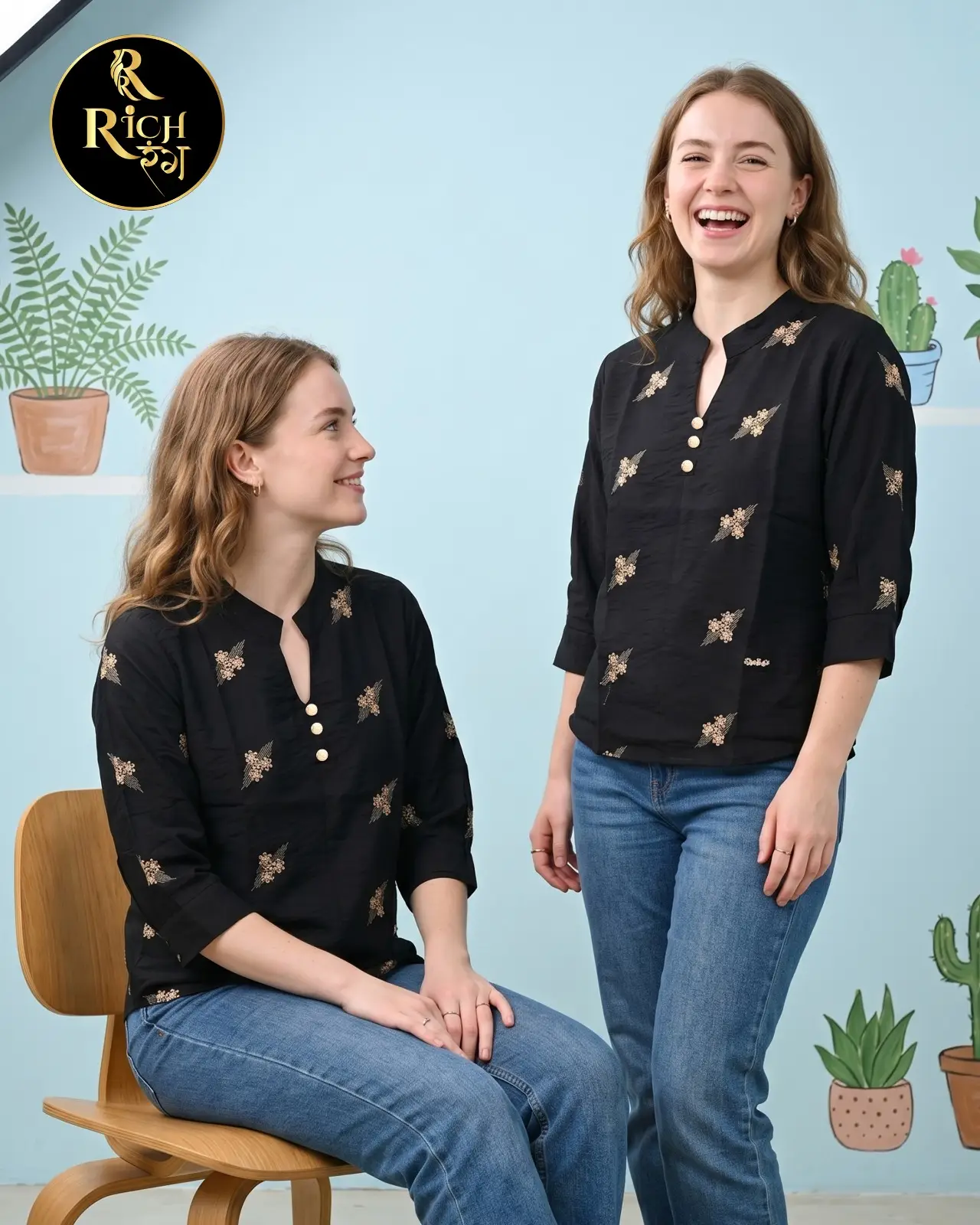 Jet Black Button-Accent Festive Top