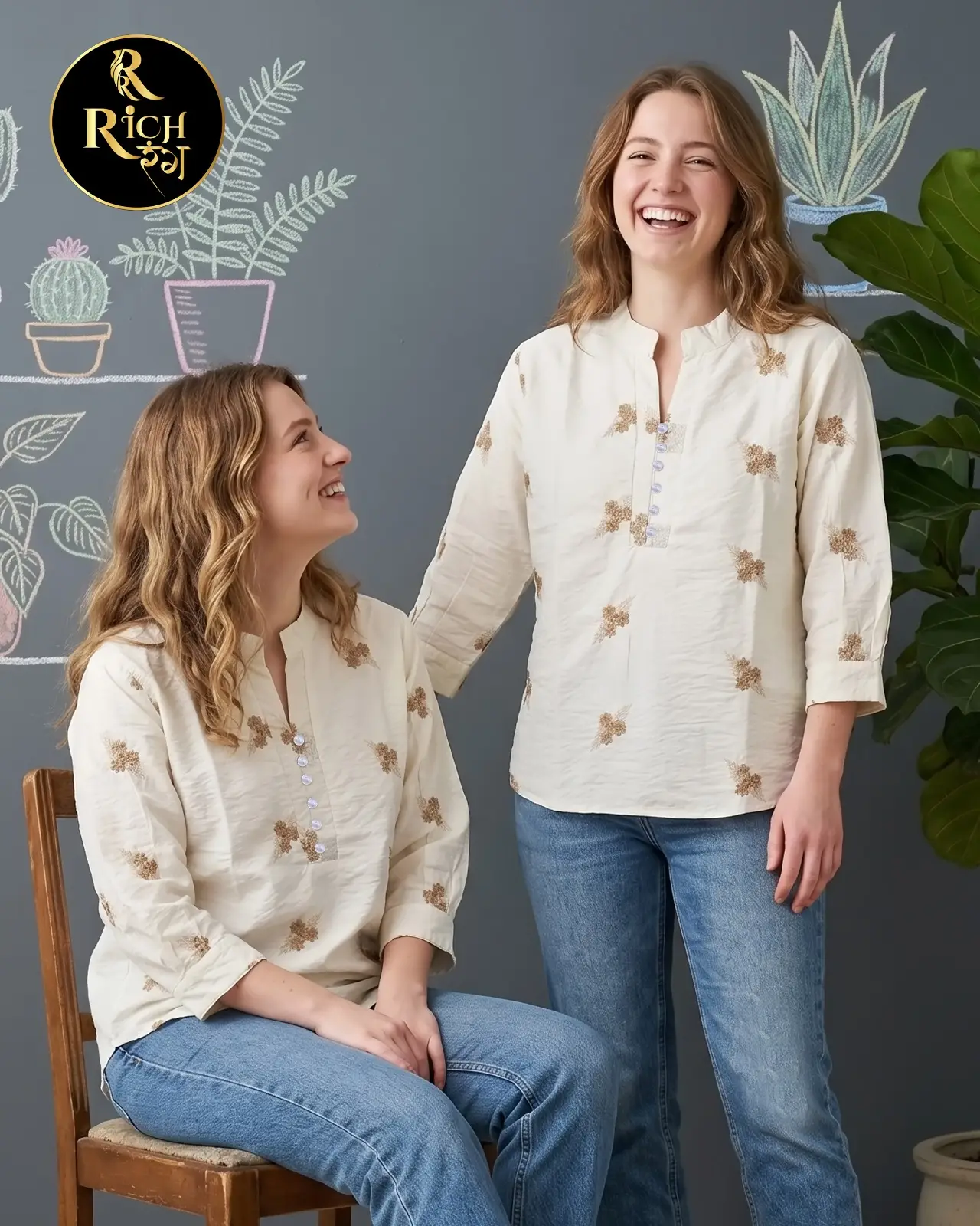 Cream Bloom Split-Collar Ethnic Top