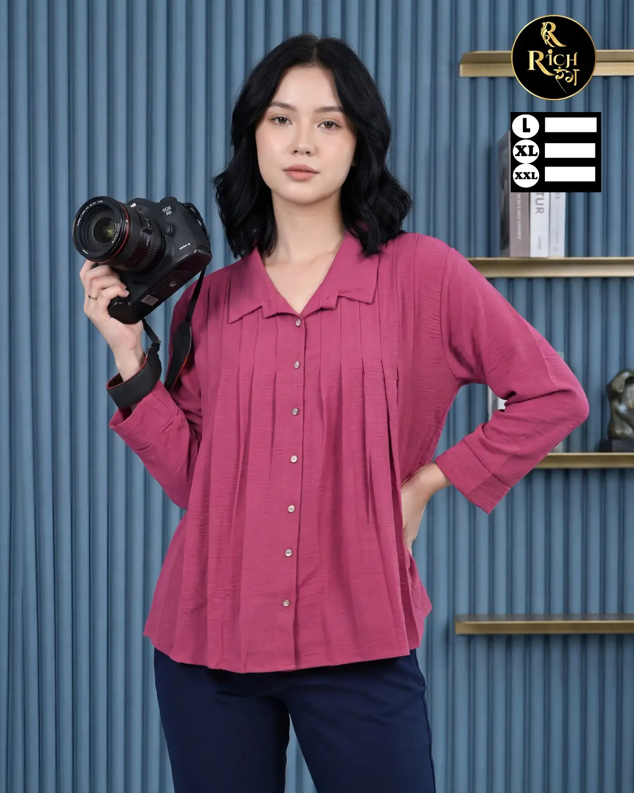 Plum Pleated Loose-Fit Casual Shirt