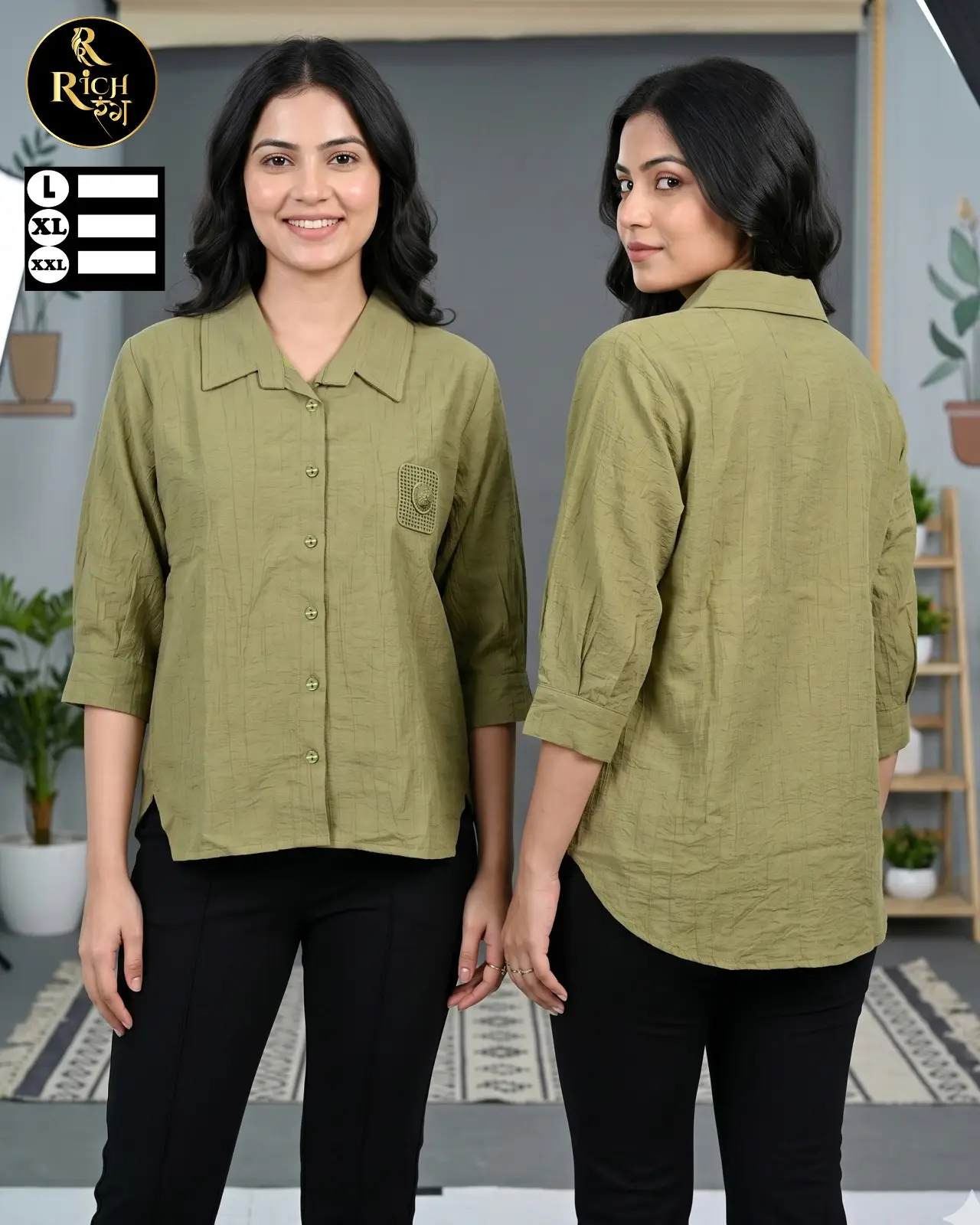 Olive Green Textured Casual Shirt with Pocket Detail