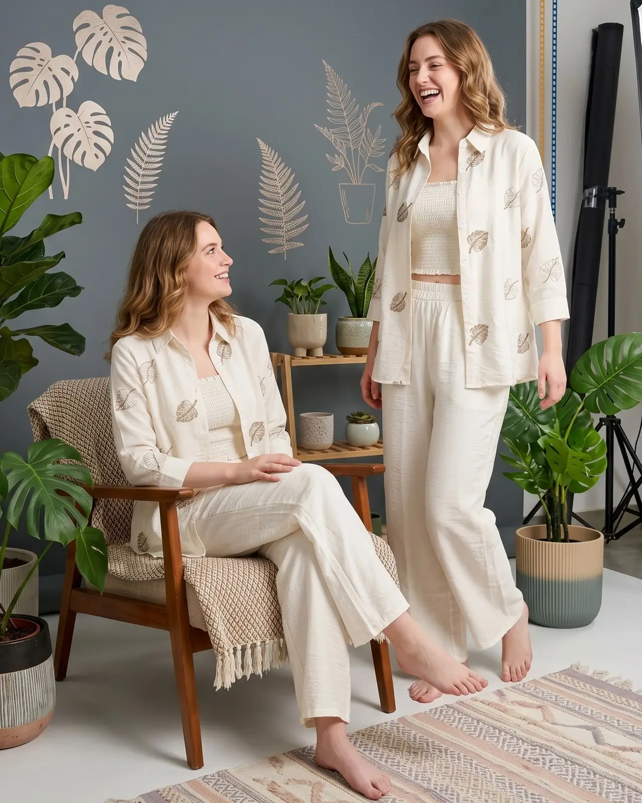 Ivory Leaf-Embroidered Three-Piece Co-Ord Set