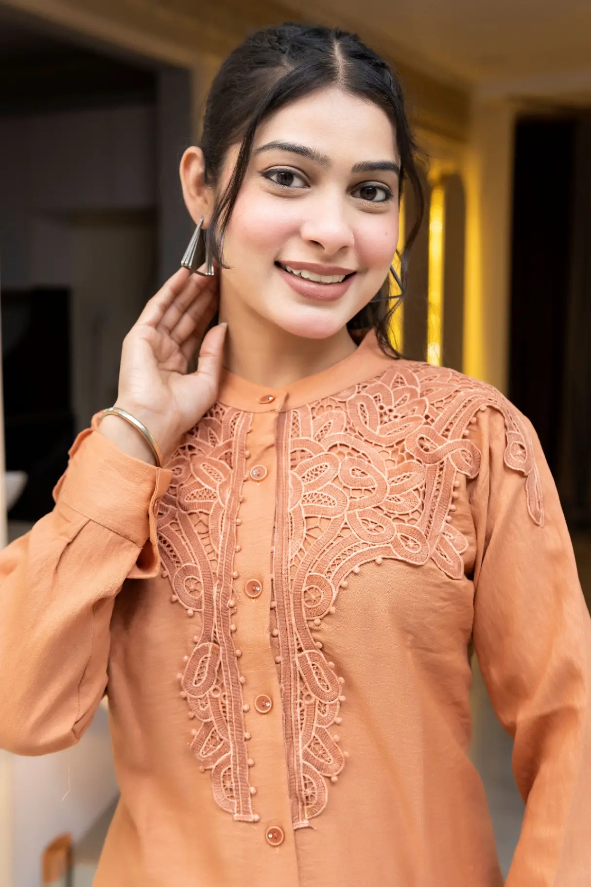 Spiced Peach Slub Cotton Co-ord Set with Heavy Neckline Embroidery view 2