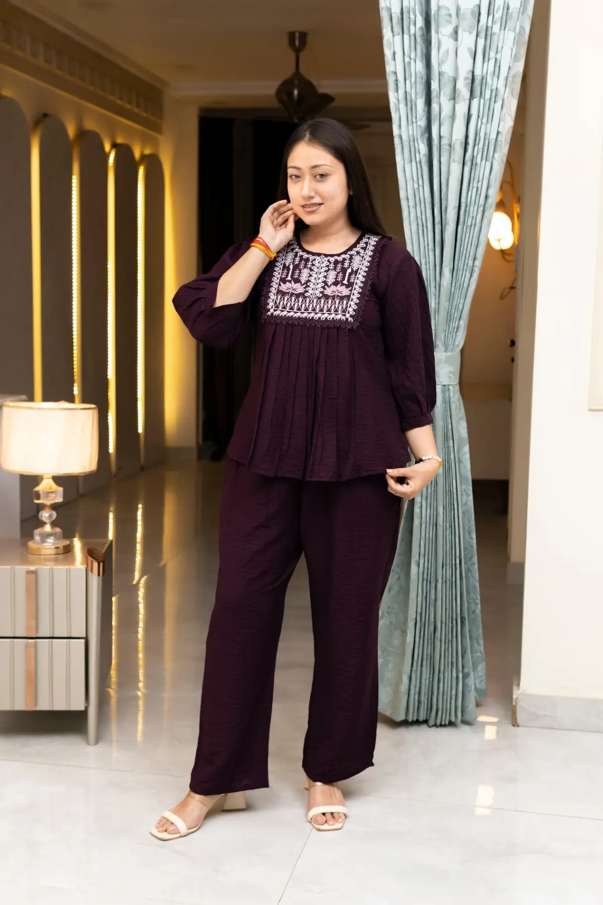 Wine Purple Embroidered Peplum Co-Ord Set view 2