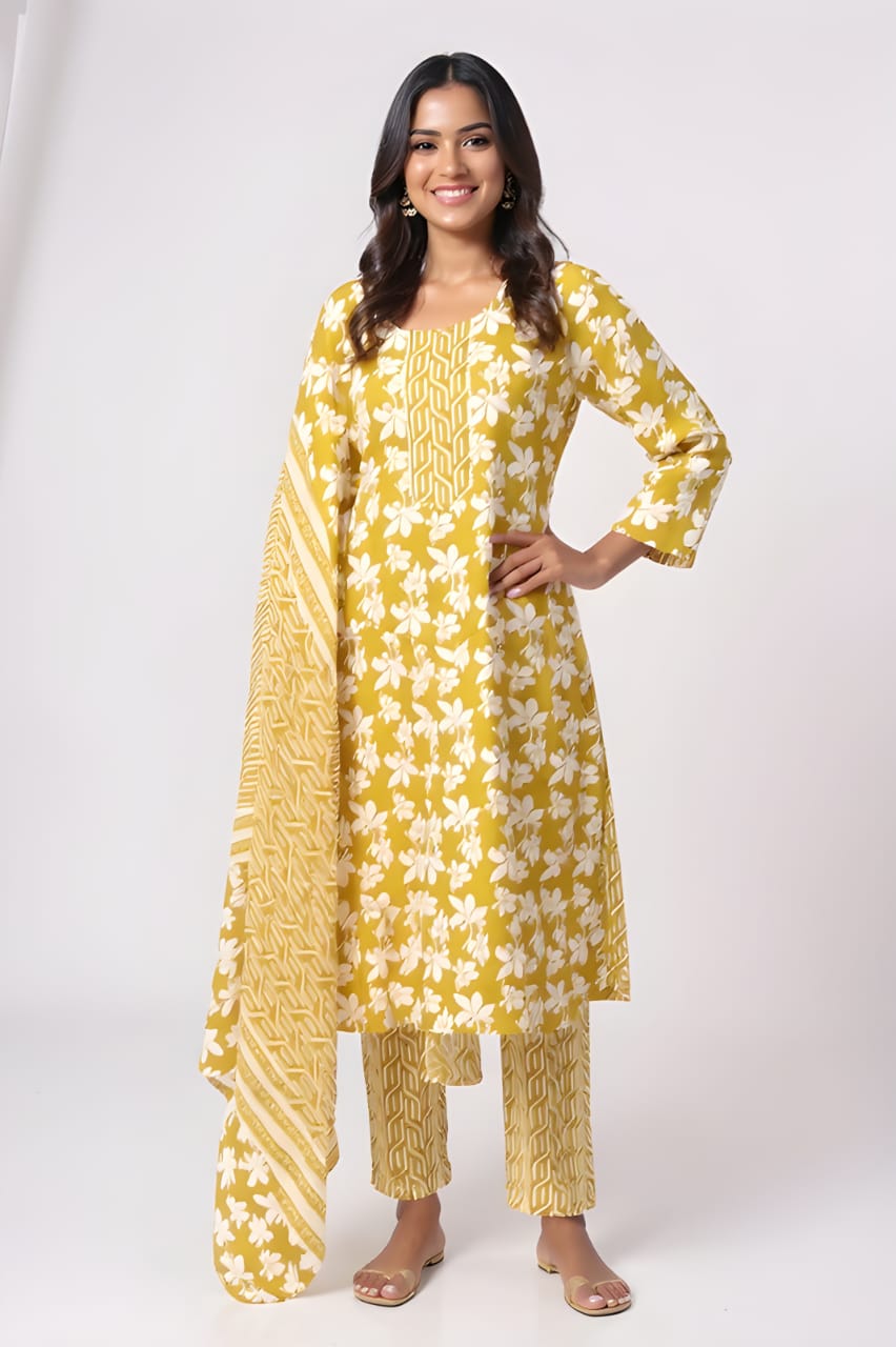 Yellow Floral Kurti Set view 2