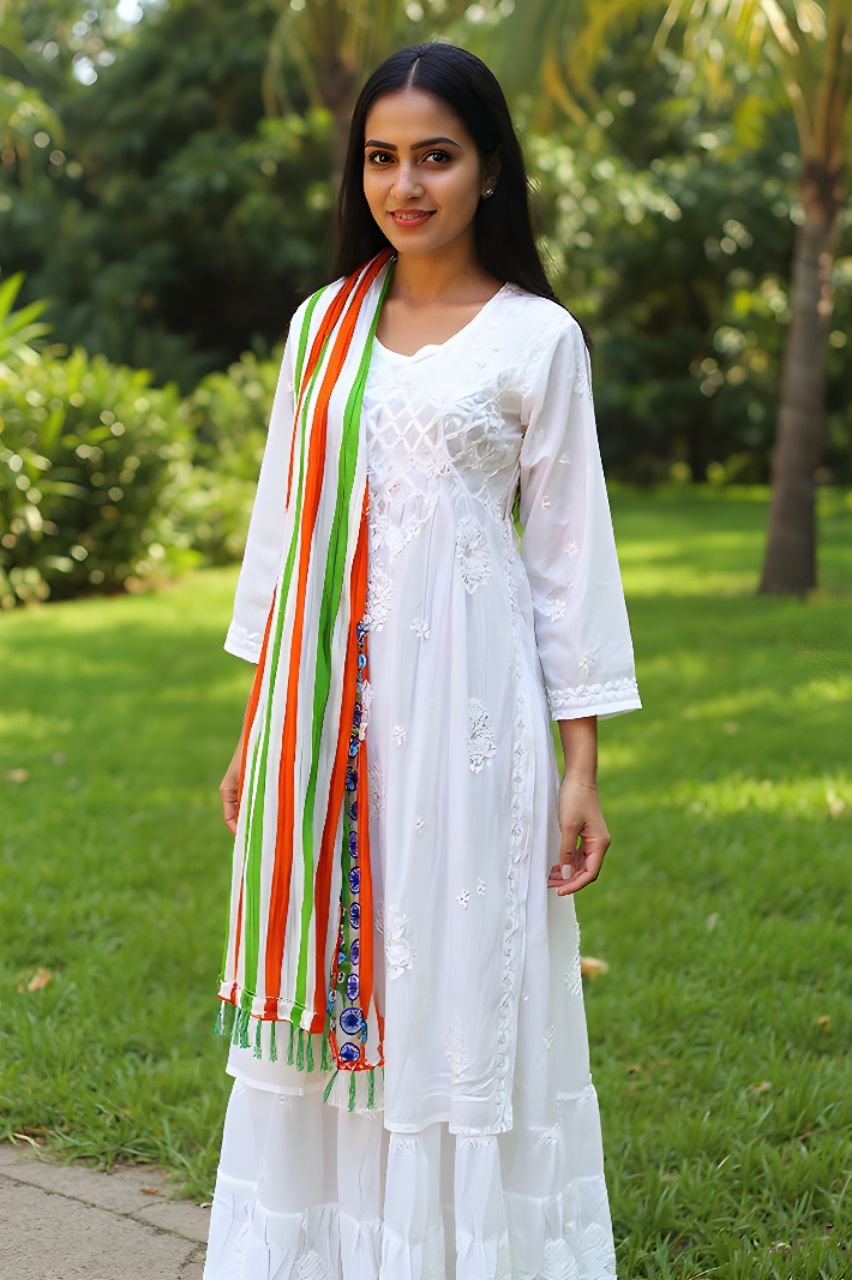 Embroidered White Kurti with Tricolor Dupatta & Skirt