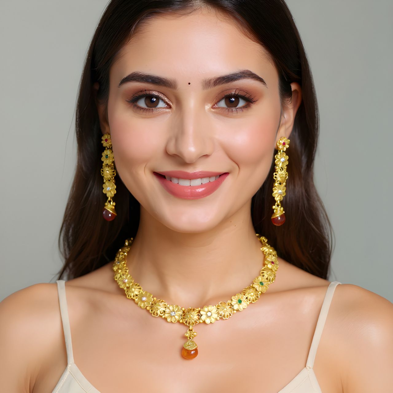 Golden Floral Necklace and Earrings Set