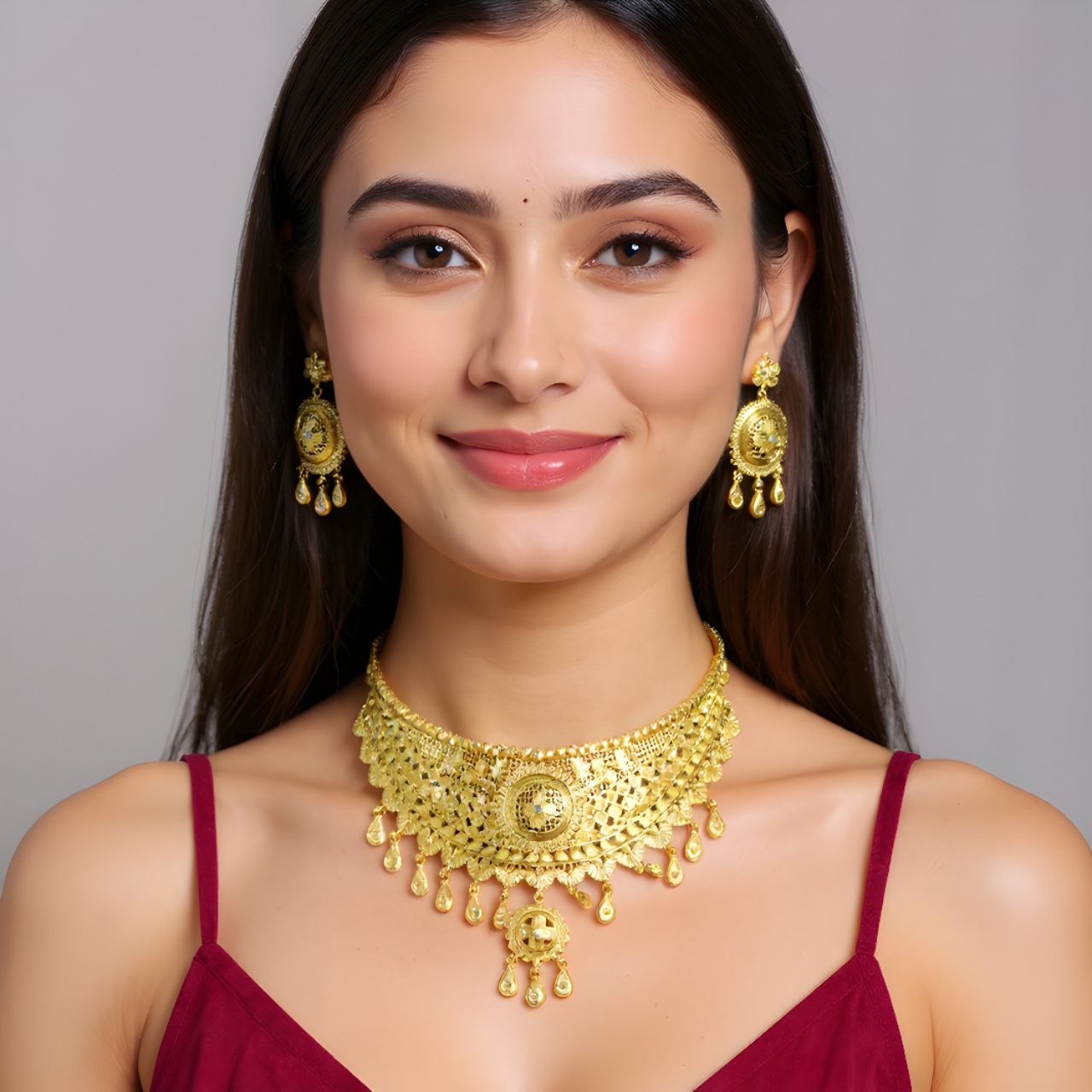 Golden Choker Necklace and Earrings Set