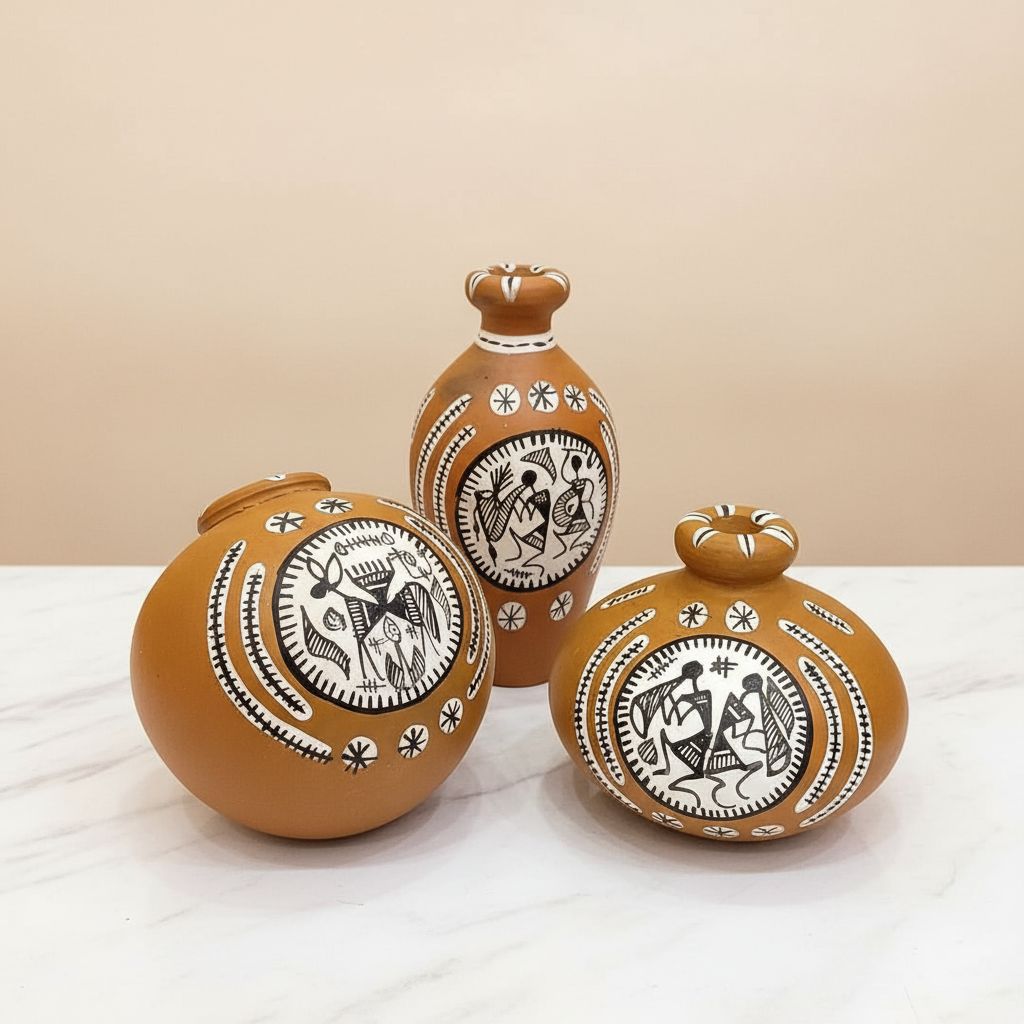 Warli Painted Miniature Pottery / Terracotta Pots Set Of 03 pieces. view 5