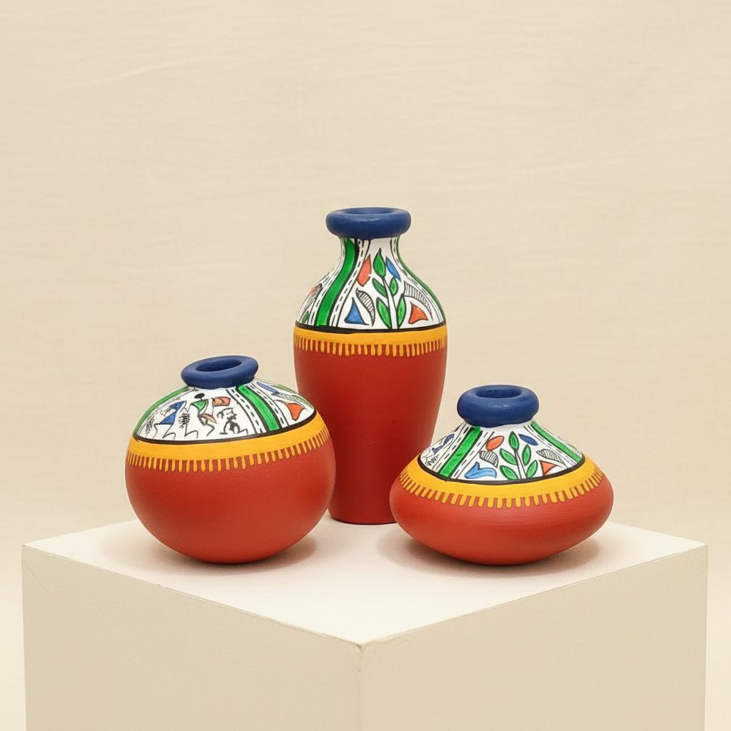 Warli Art Terracotta Pots Set Of 03p. view 5