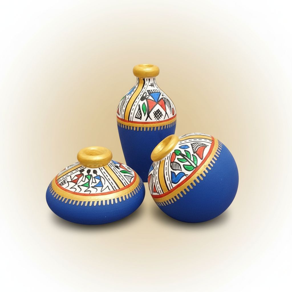 Warli Art Terracotta Pots Set Of 03p. view 4