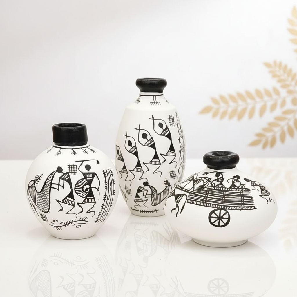 Warli Art Terracotta Pots Set Of 03p. view 3