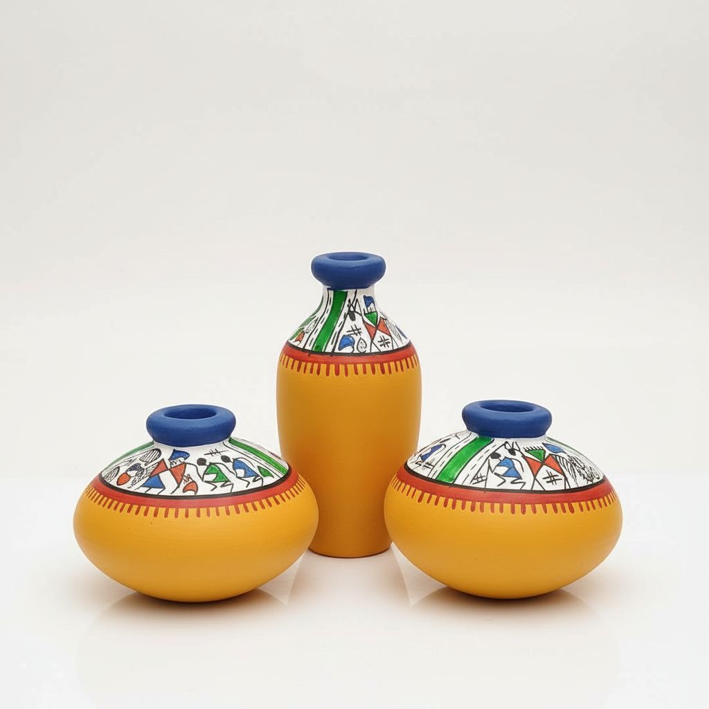 Warli Art Terracotta Pots Set Of 03p. view 2