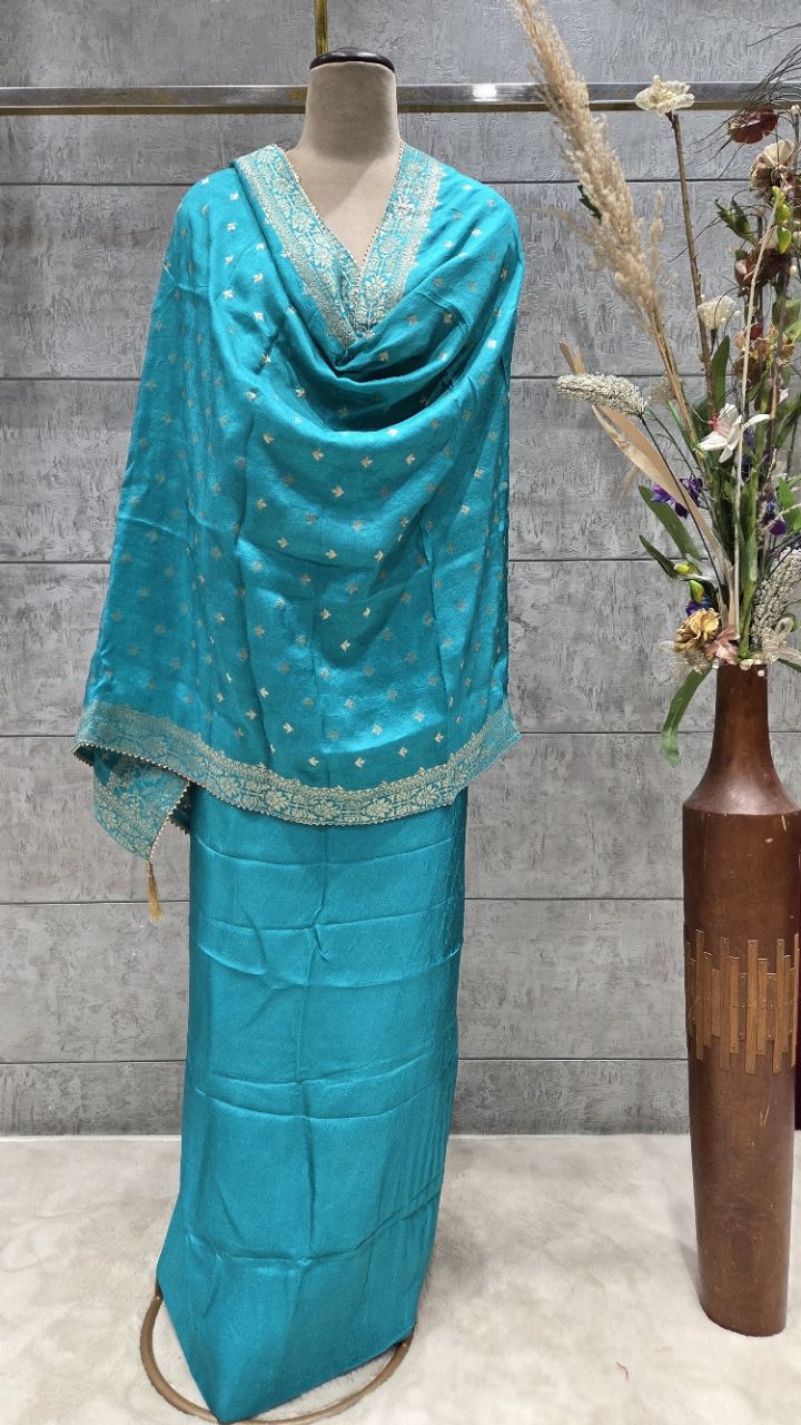 Unstitched Teal Embroidered Suit view 6