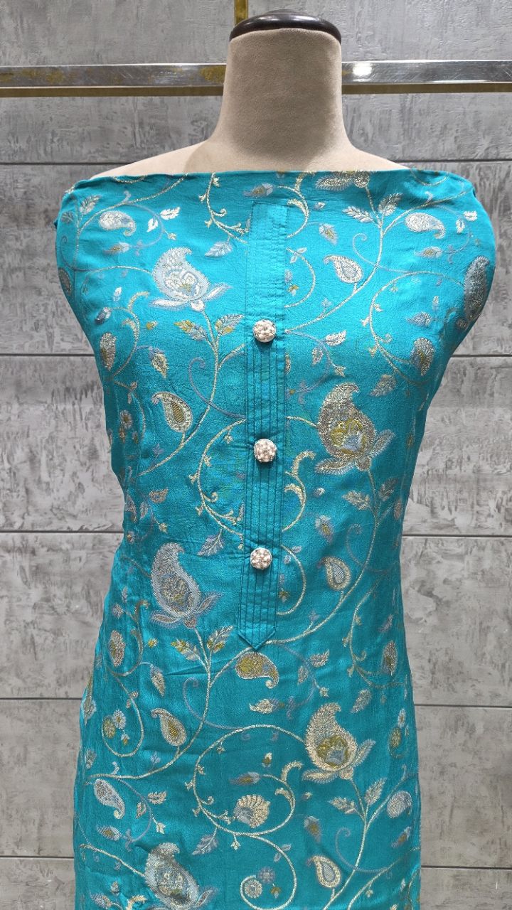 Unstitched Teal Embroidered Suit view 4