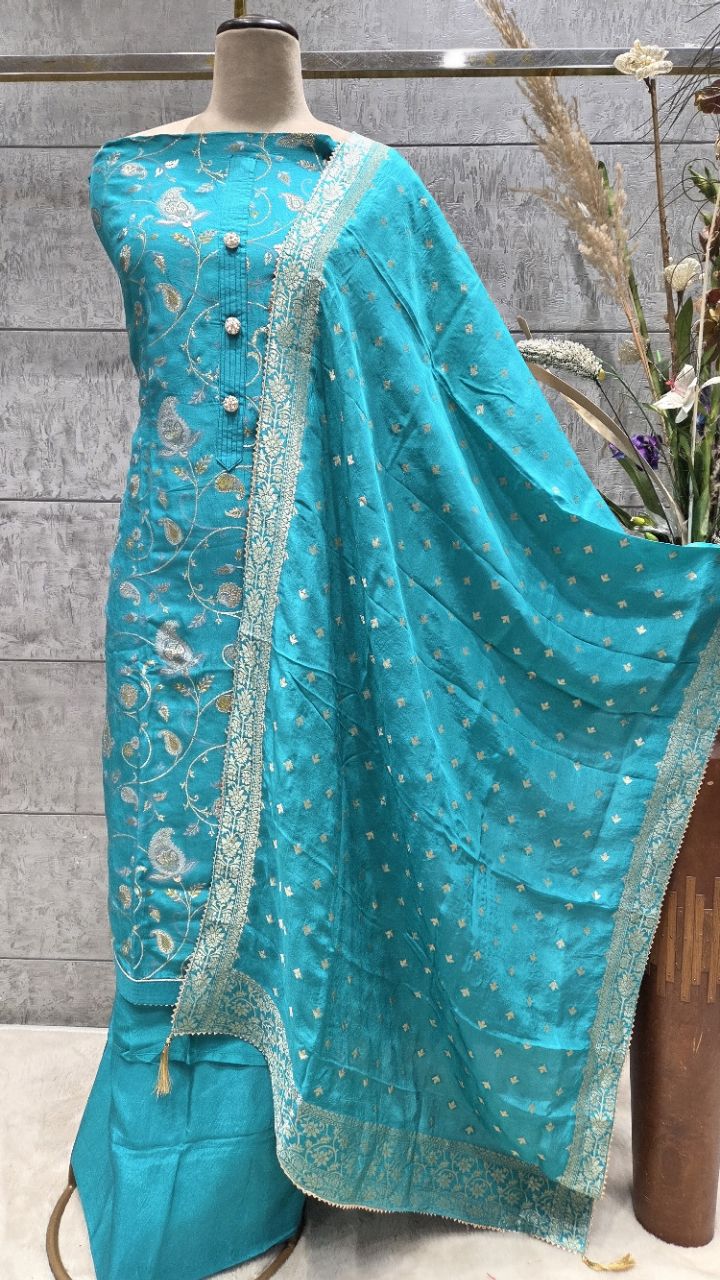 Unstitched Teal Embroidered Suit view 2