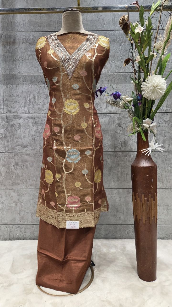 Embroidered Unstitched Silk Kurti with Plaazo view 6