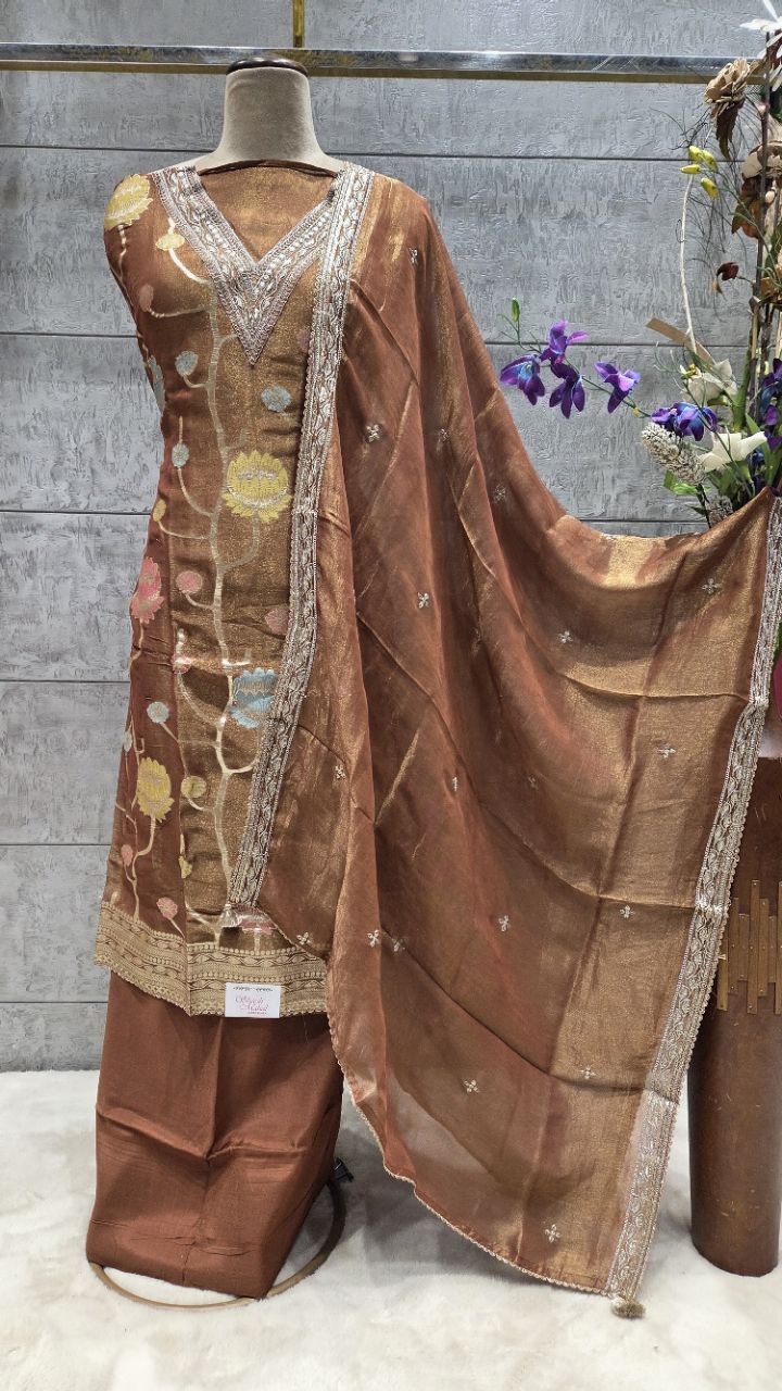 Embroidered Unstitched Silk Kurti with Plaazo view 2