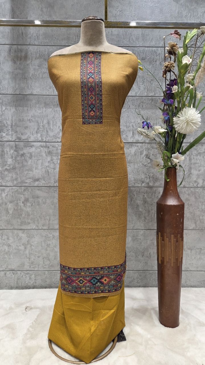 Embroidered Unstitched Mustard Woolen Suit view 5