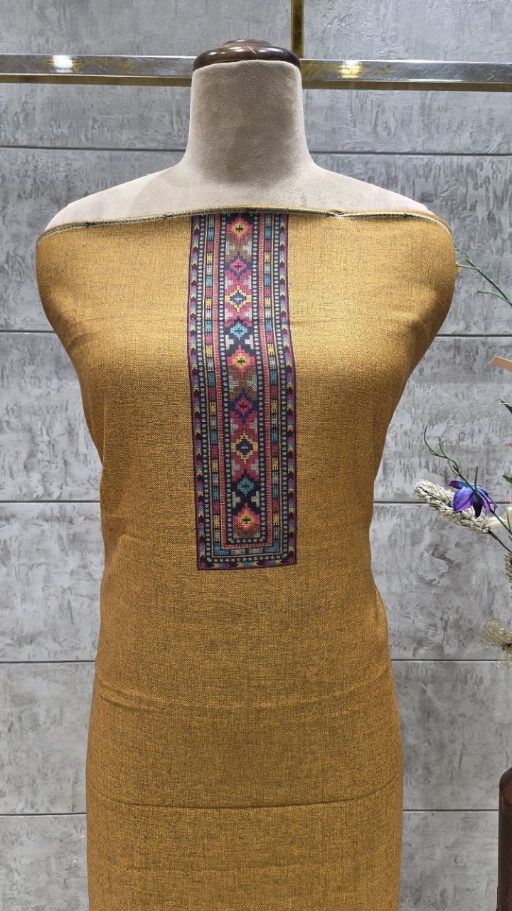 Embroidered Unstitched Mustard Woolen Suit view 3
