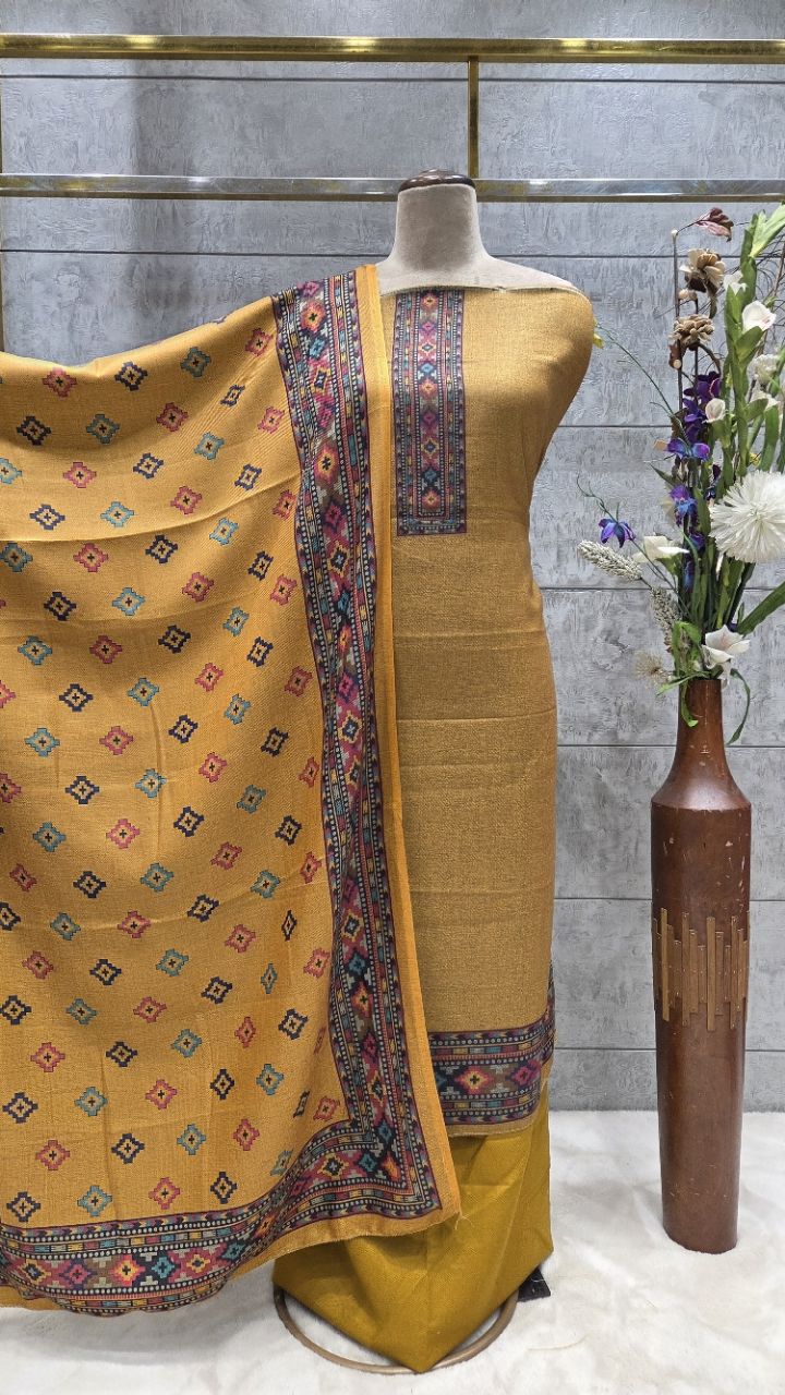 Embroidered Unstitched Mustard Woolen Suit view 2