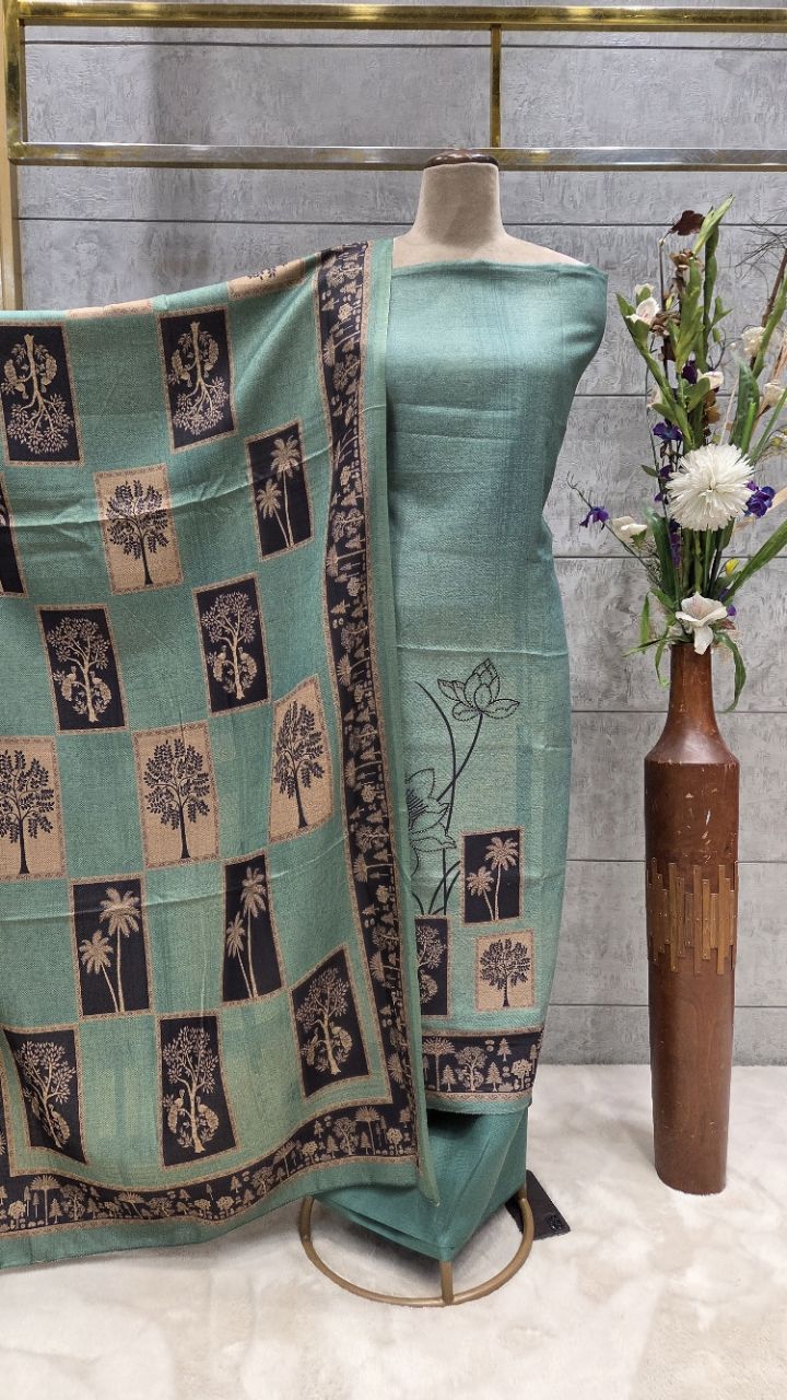 Teal Embroidered Unstitched Woolen Suits view 2