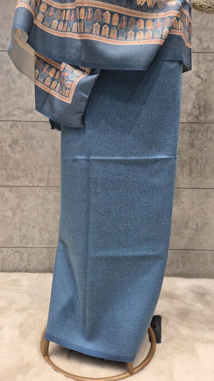 Unstitched Royal Blue Kalamkari Woolen Suit view 5