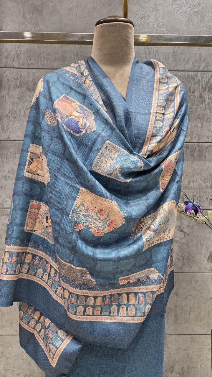 Unstitched Royal Blue Kalamkari Woolen Suit view 4