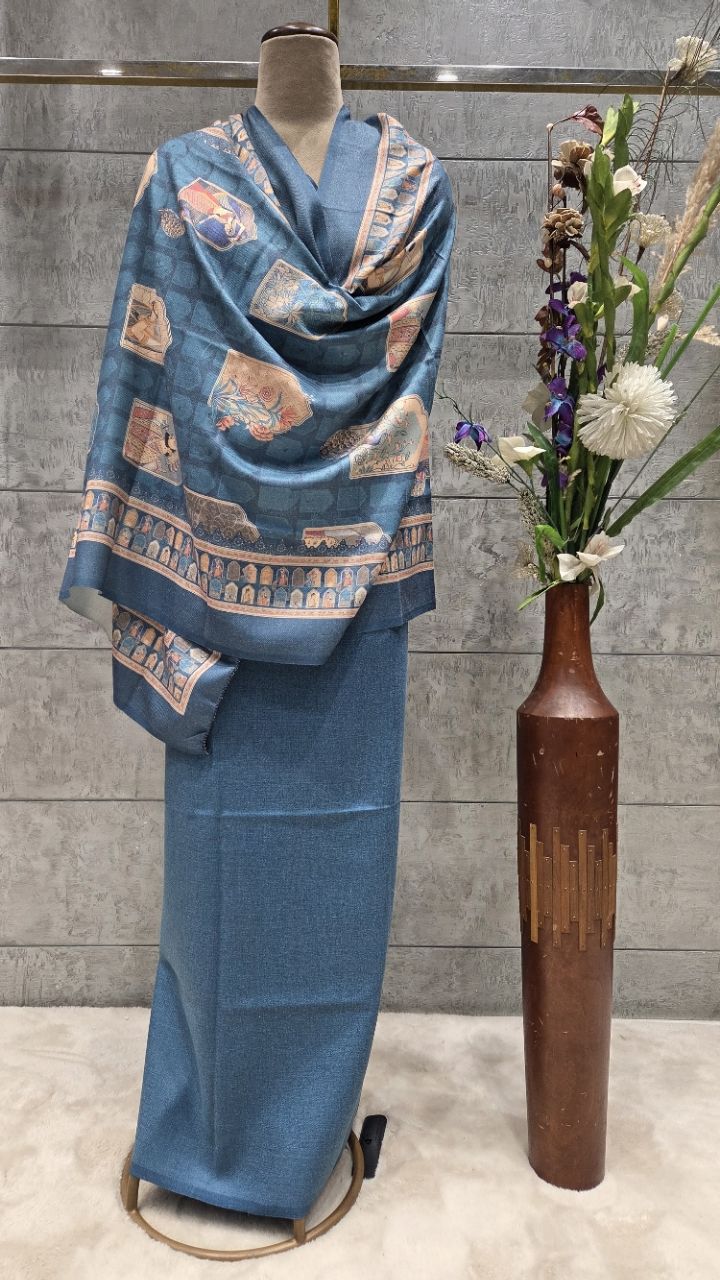 Unstitched Royal Blue Kalamkari Woolen Suit view 3
