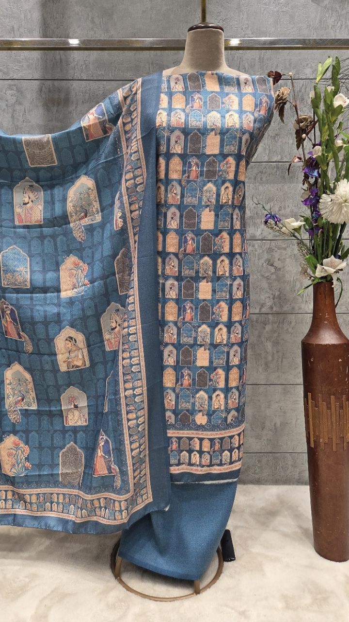 Unstitched Royal Blue Kalamkari Woolen Suit view 2