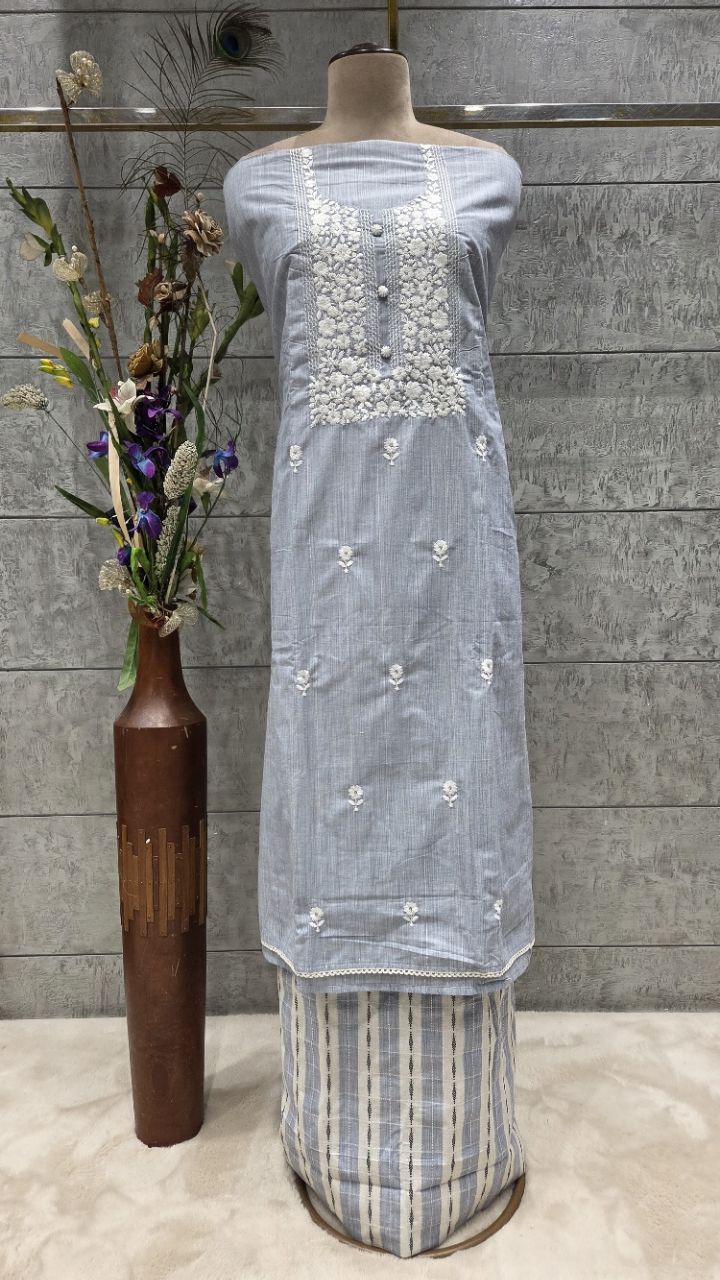 Embroidered Unstitched Cotton Kurta Set view 4