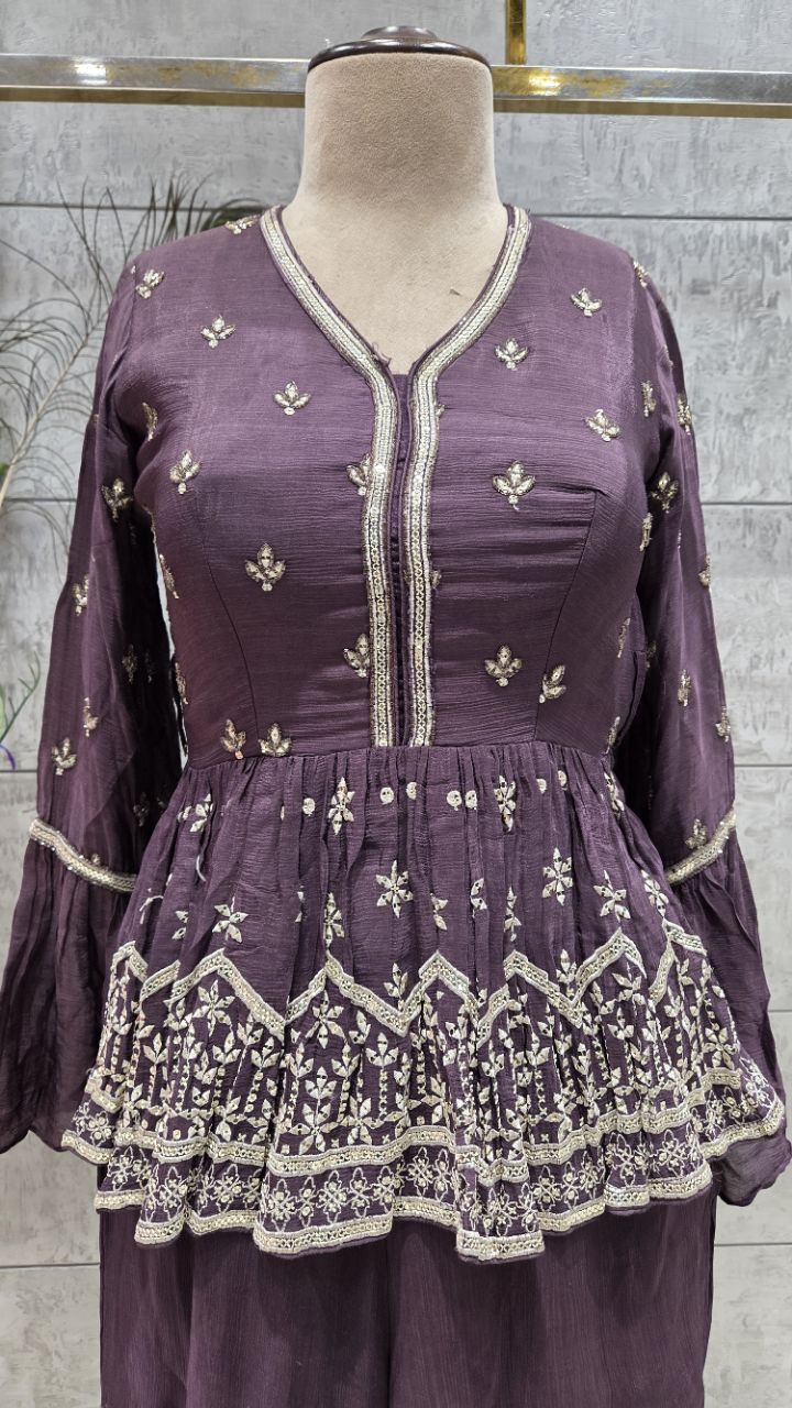 Brown Embellished Sharara Set view 3