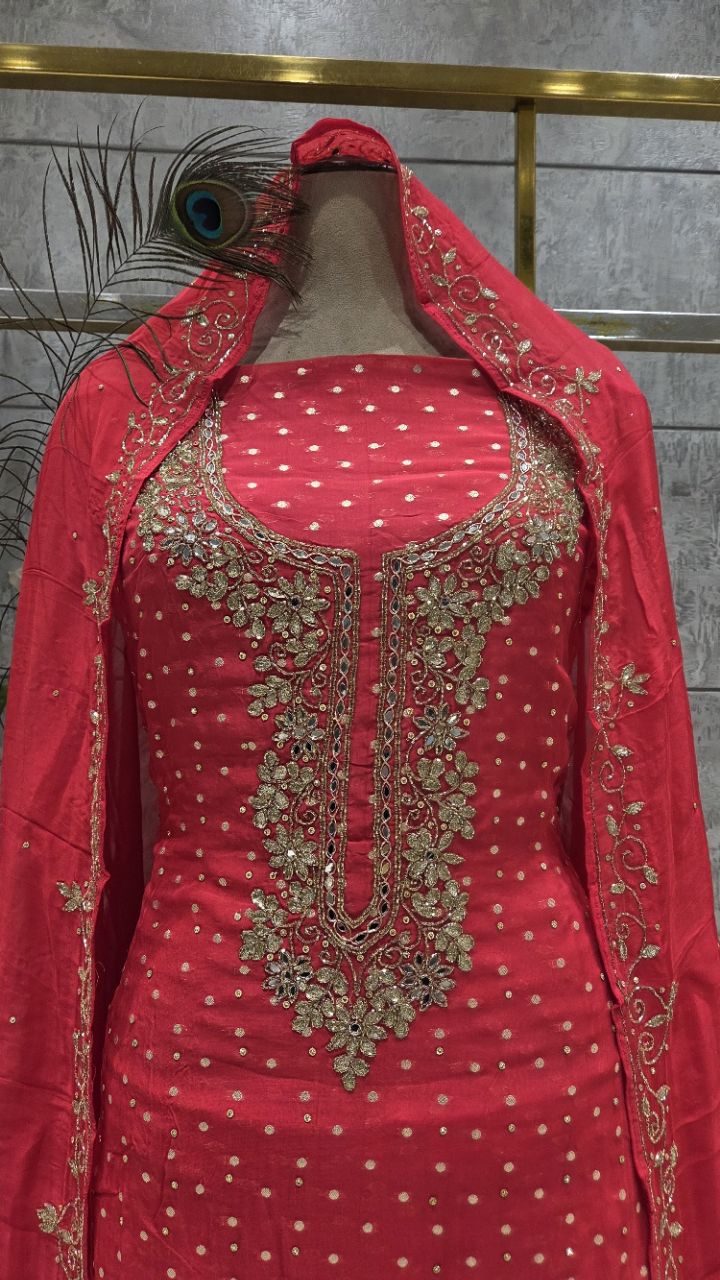Embroidered Red Unstitched Suit view 5