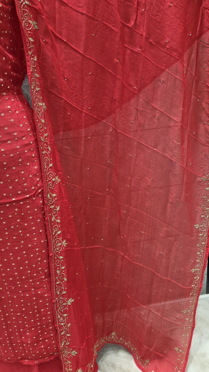 Embroidered Red Unstitched Suit view 4