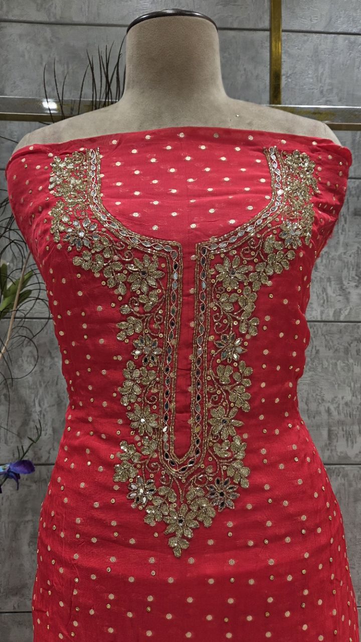 Embroidered Red Unstitched Suit view 3