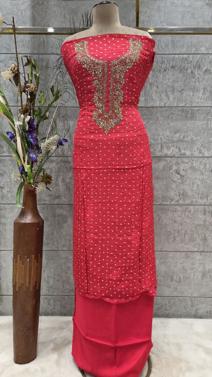 Embroidered Red Unstitched Suit view 2